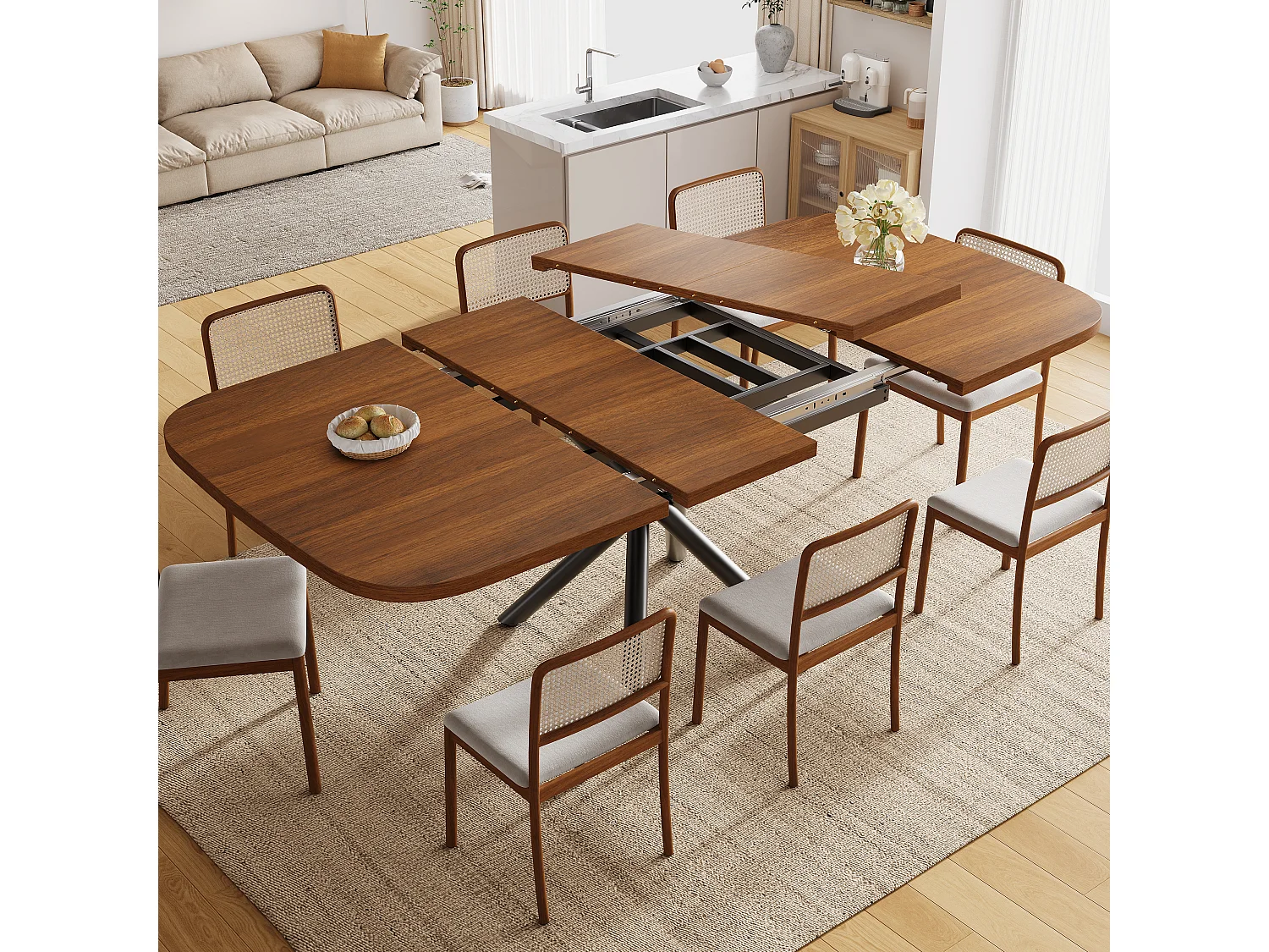Table à manger extensible 115/155/195 x 115 x 75 cm avec piètement en X et pieds réglables - MDF et métal - Noyer