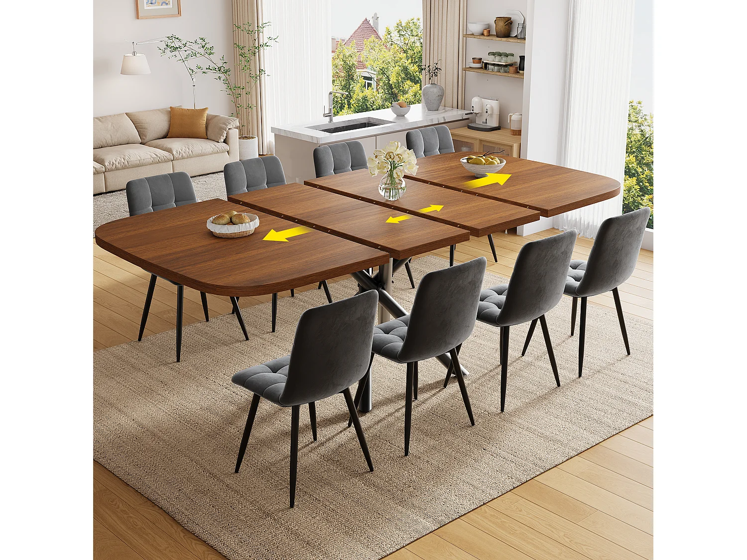Table à manger extensible 115/155/195 x 115 x 75 cm avec piètement en X et pieds réglables - MDF et métal - Noyer