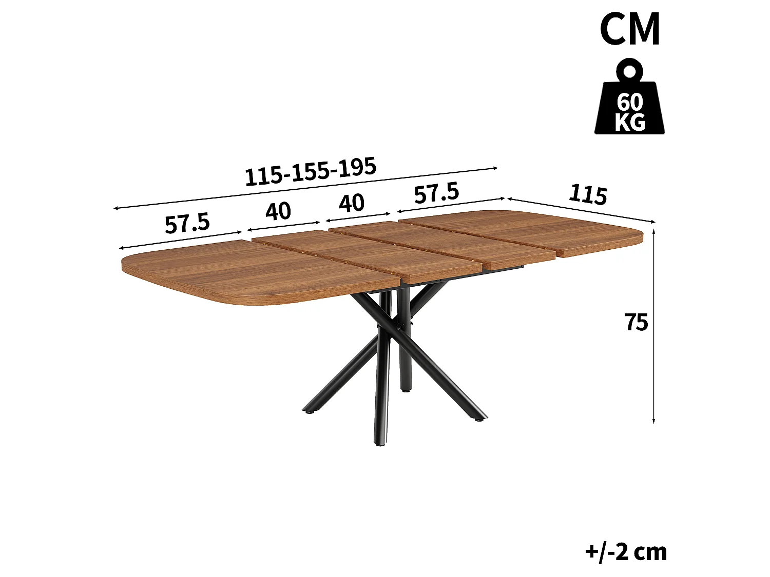 Table à manger extensible 115/155/195 x 115 x 75 cm avec piètement en X et pieds réglables - MDF et métal - Noyer