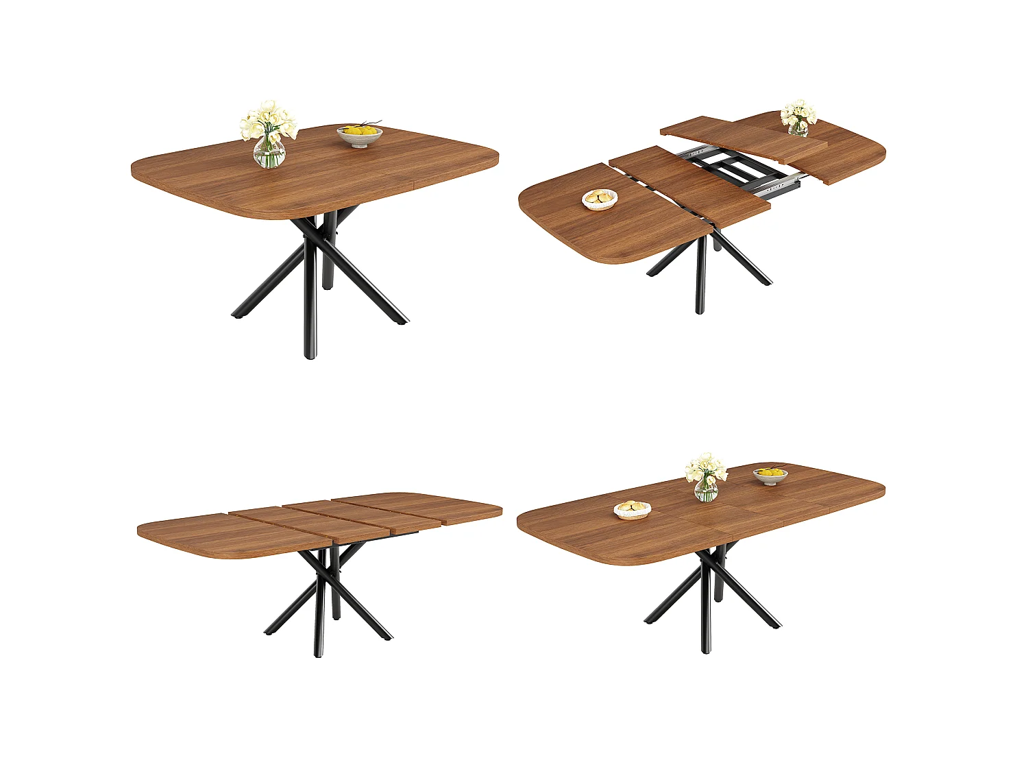 Table à manger extensible 115/155/195 x 115 x 75 cm avec piètement en X et pieds réglables - MDF et métal - Noyer