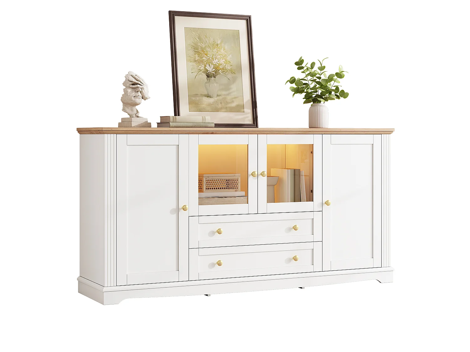 Buffet avec 4 portes dont 2 vitrées, 2 tiroirs, LED et poignées dorées - MDF - 160 x 40 x 80,5 cm - Blanc