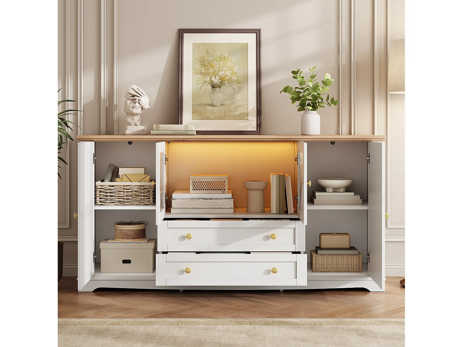 Buffet avec 4 portes dont 2 vitrées, 2 tiroirs, LED et poignées dorées - MDF - 160 x 40 x 80,5 cm - Blanc