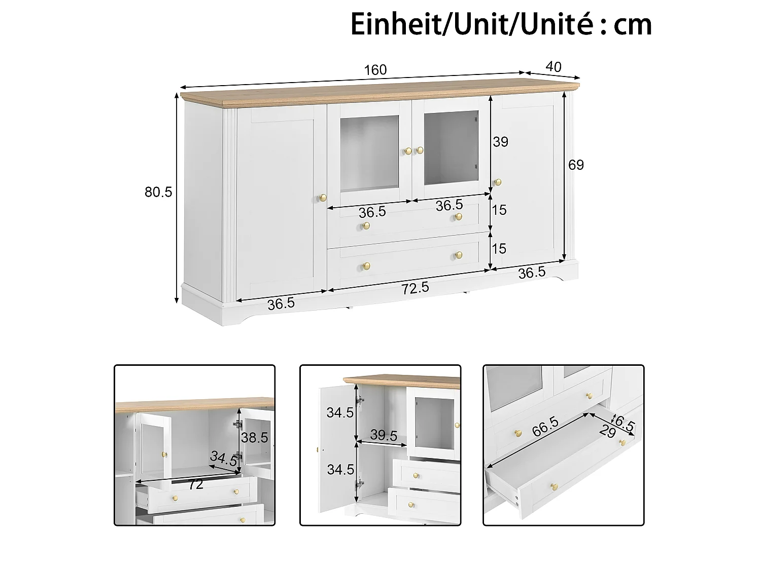 Buffet avec 4 portes dont 2 vitrées, 2 tiroirs, LED et poignées dorées - MDF - 160 x 40 x 80,5 cm - Blanc