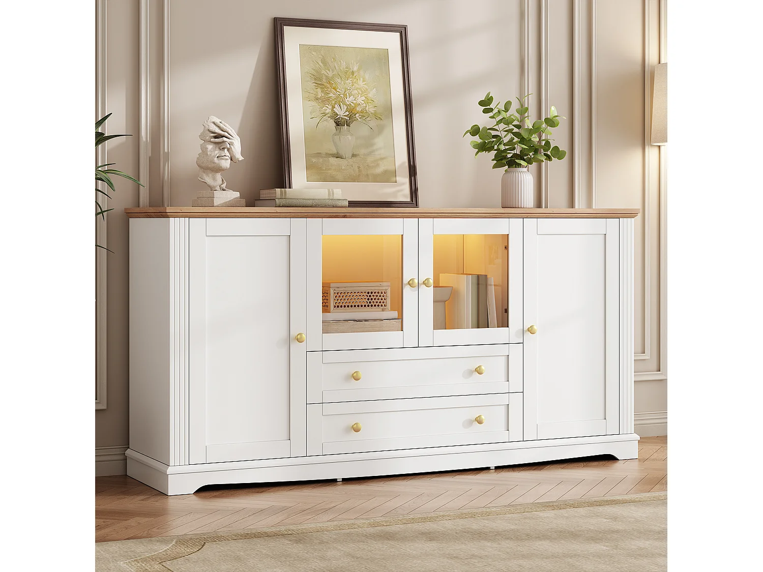 Buffet avec 4 portes dont 2 vitrées, 2 tiroirs, LED et poignées dorées - MDF - 160 x 40 x 80,5 cm - Blanc