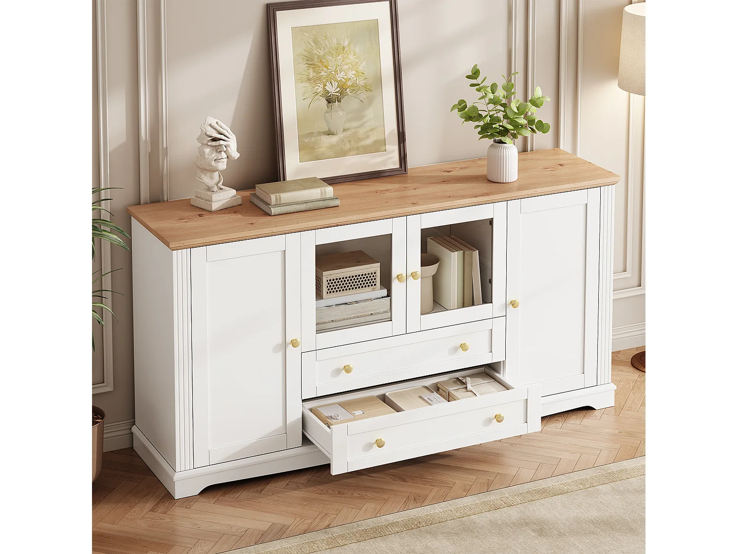 Buffet avec 4 portes dont 2 vitrées, 2 tiroirs, LED et poignées dorées - MDF - 160 x 40 x 80,5 cm - Blanc