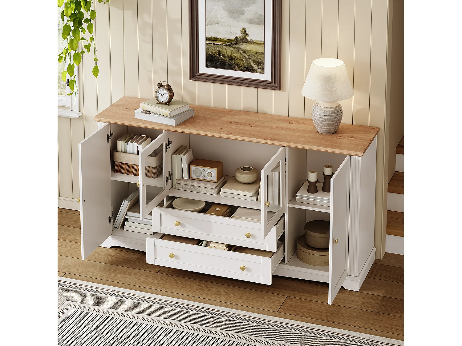 Buffet avec 4 portes dont 2 vitrées, 2 tiroirs, LED et poignées dorées - MDF - 160 x 40 x 80,5 cm - Blanc