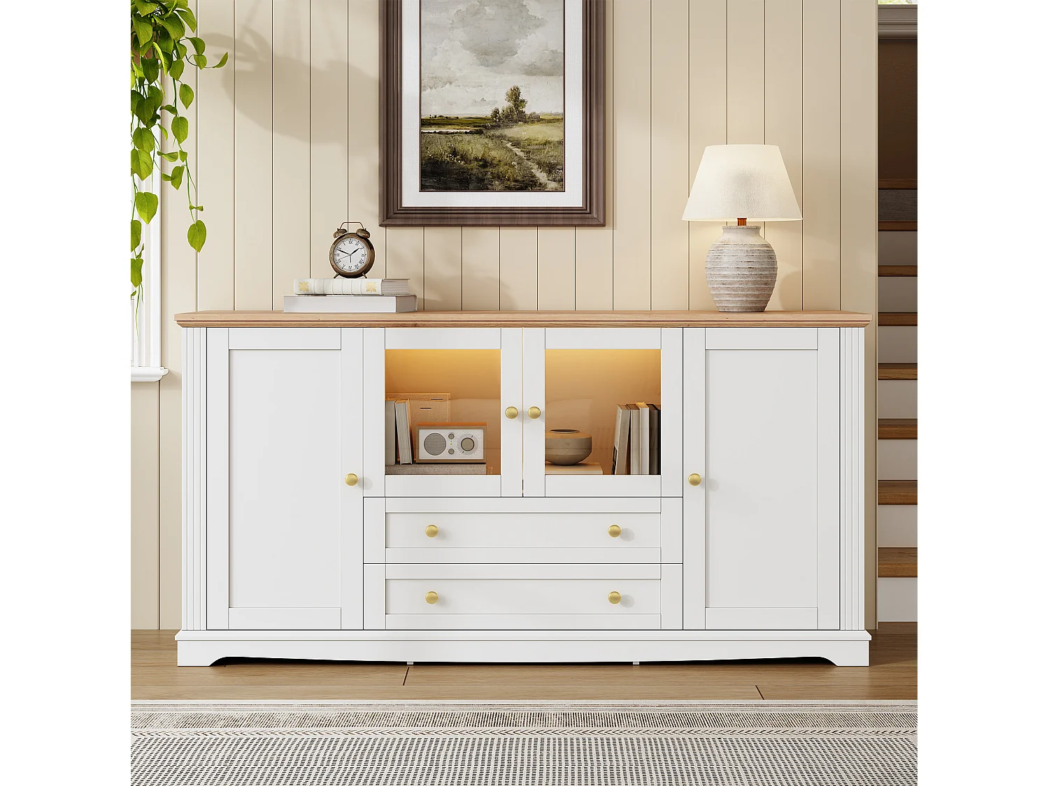 Buffet avec 4 portes dont 2 vitrées, 2 tiroirs, LED et poignées dorées - MDF - 160 x 40 x 80,5 cm - Blanc