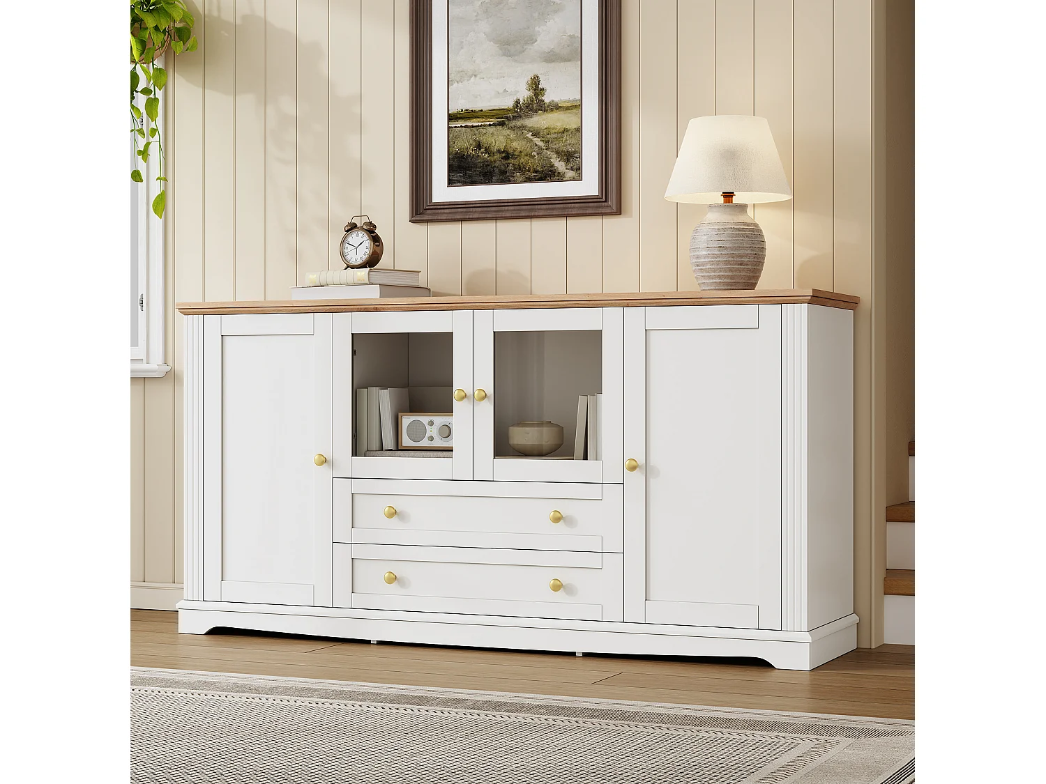 Buffet avec 4 portes dont 2 vitrées, 2 tiroirs, LED et poignées dorées - MDF - 160 x 40 x 80,5 cm - Blanc