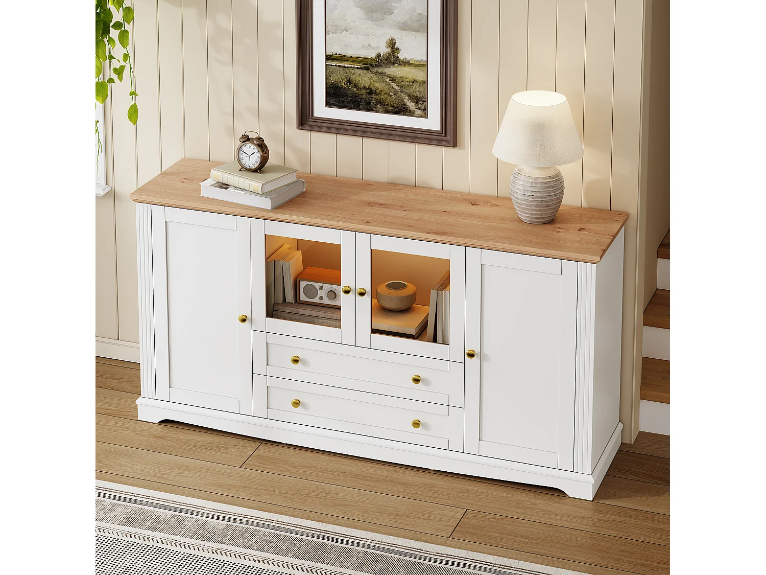 Buffet avec 4 portes dont 2 vitrées, 2 tiroirs, LED et poignées dorées - MDF - 160 x 40 x 80,5 cm - Blanc
