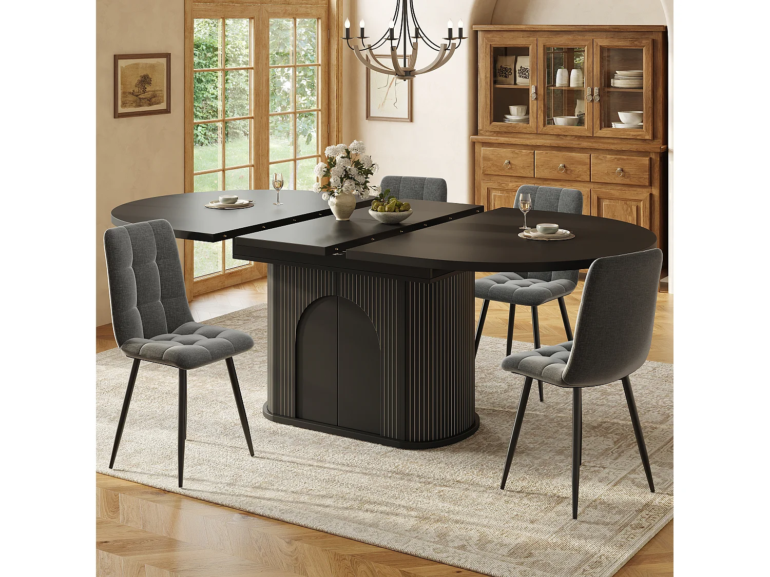 Mesa de jantar extensível com 2 portas de abertura por pressão - MDF - 118 a 158 x 118 x 76,8 cm - Preta