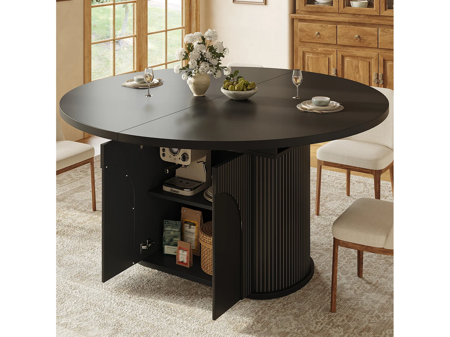 Mesa de jantar extensível com 2 portas de abertura por pressão - MDF - 118 a 158 x 118 x 76,8 cm - Preta