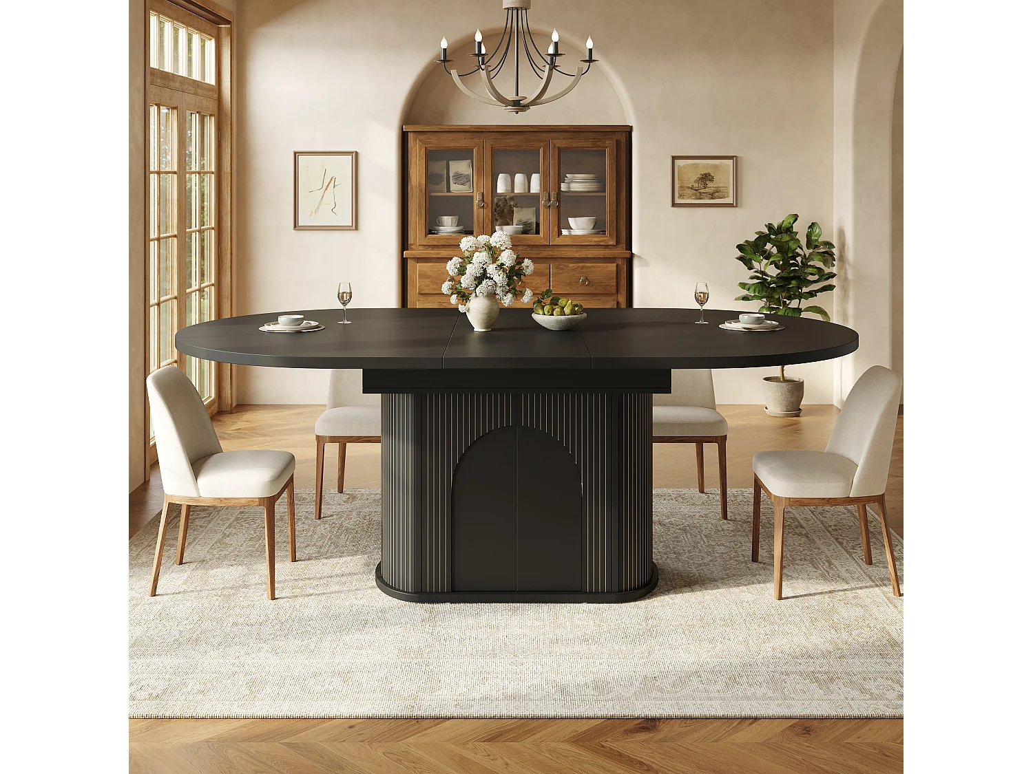 Mesa de jantar extensível com 2 portas de abertura por pressão - MDF - 118 a 158 x 118 x 76,8 cm - Preta