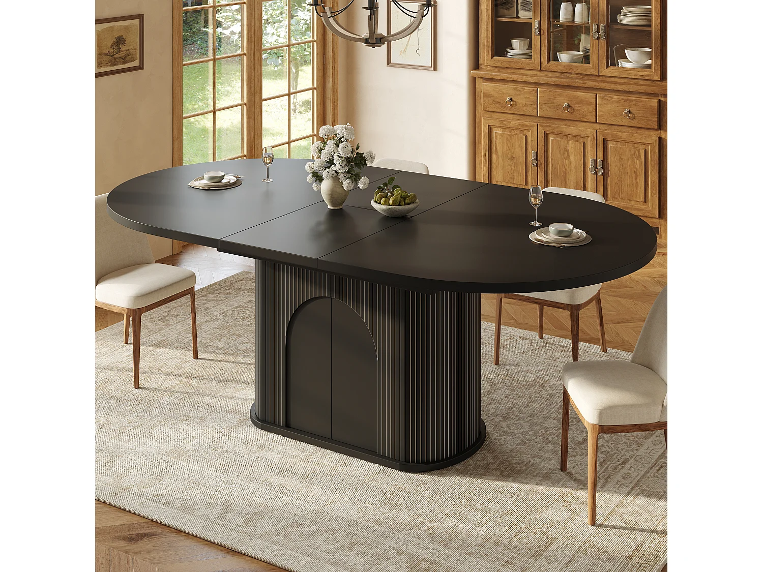Mesa de jantar extensível com 2 portas de abertura por pressão - MDF - 118 a 158 x 118 x 76,8 cm - Preta