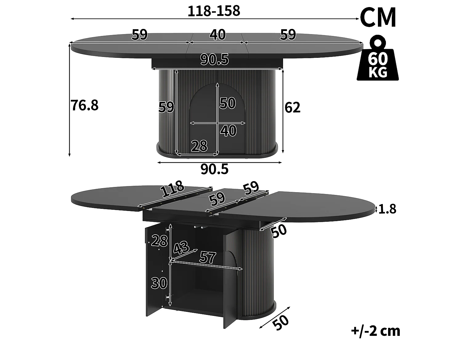 Mesa de jantar extensível com 2 portas de abertura por pressão - MDF - 118 a 158 x 118 x 76,8 cm - Preta