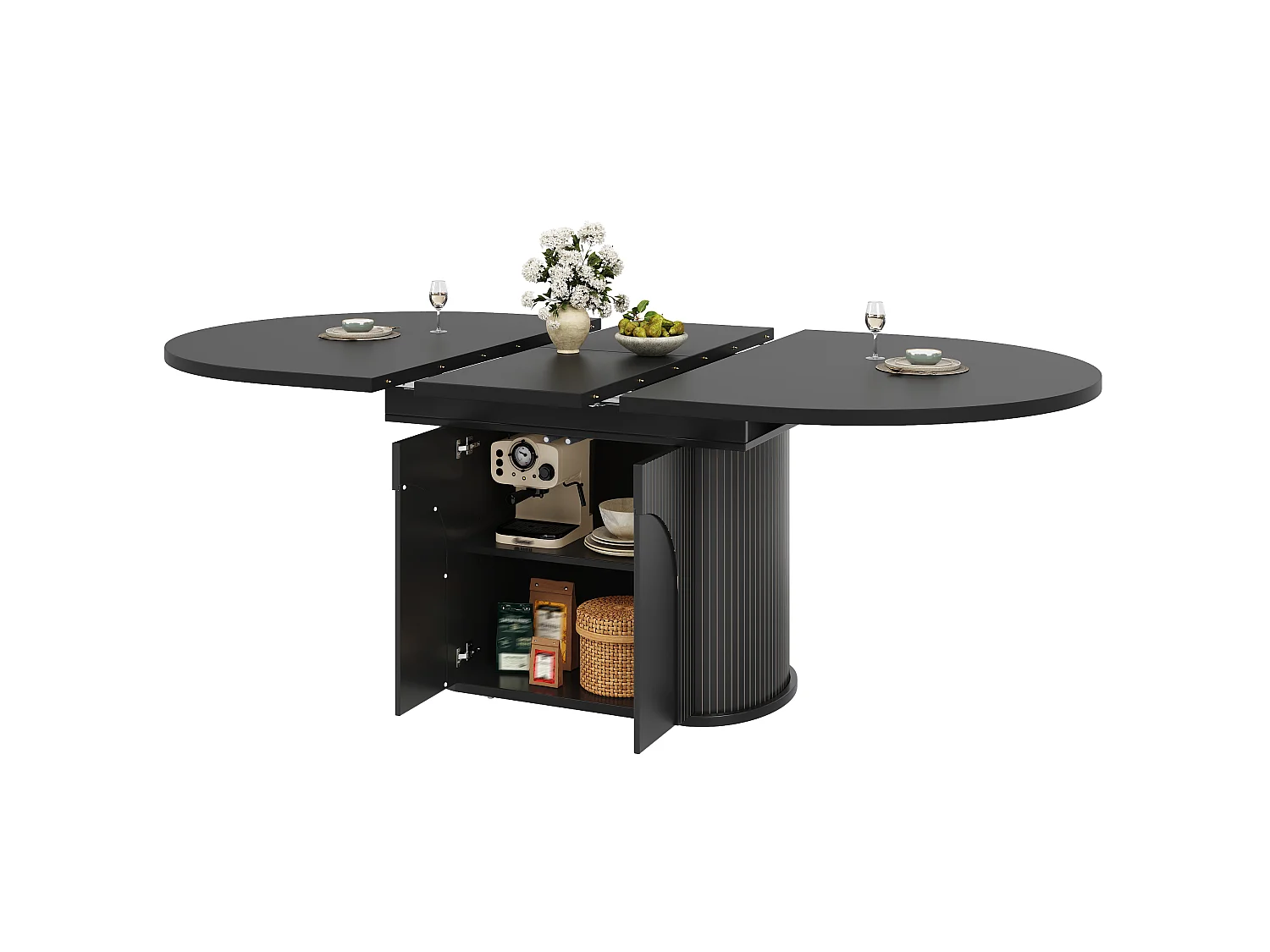 Mesa de jantar extensível com 2 portas de abertura por pressão - MDF - 118 a 158 x 118 x 76,8 cm - Preta