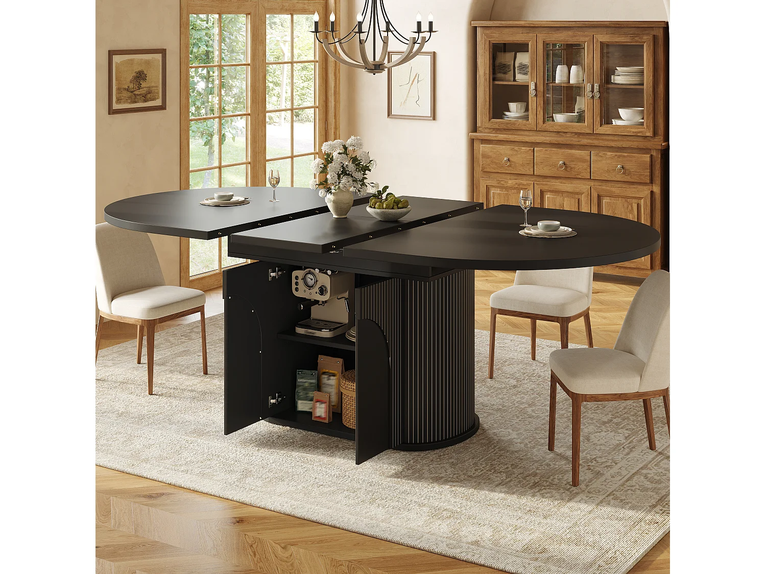 Mesa de jantar extensível com 2 portas de abertura por pressão - MDF - 118 a 158 x 118 x 76,8 cm - Preta