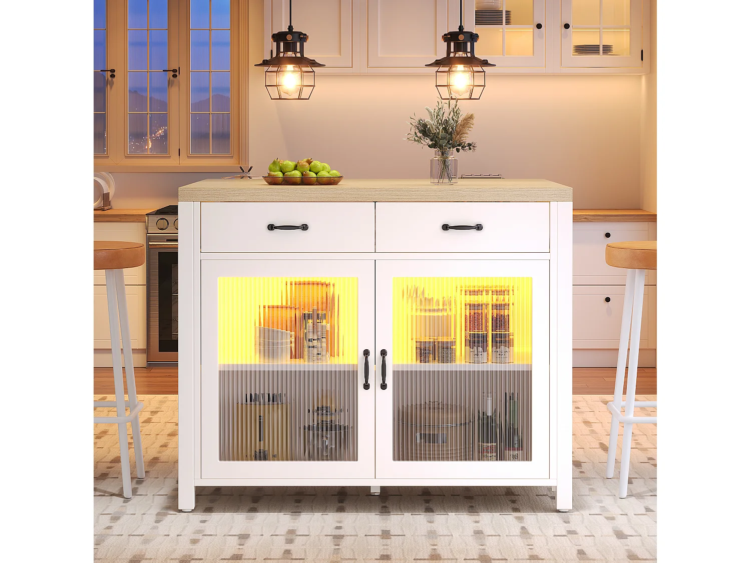 Wyspa kuchenna z drzwiami szklanymi, 2 szufladami, 2 drzwiami i LED - MDF, szkło - 100 x 80 x 90 cm - Biały i drewno