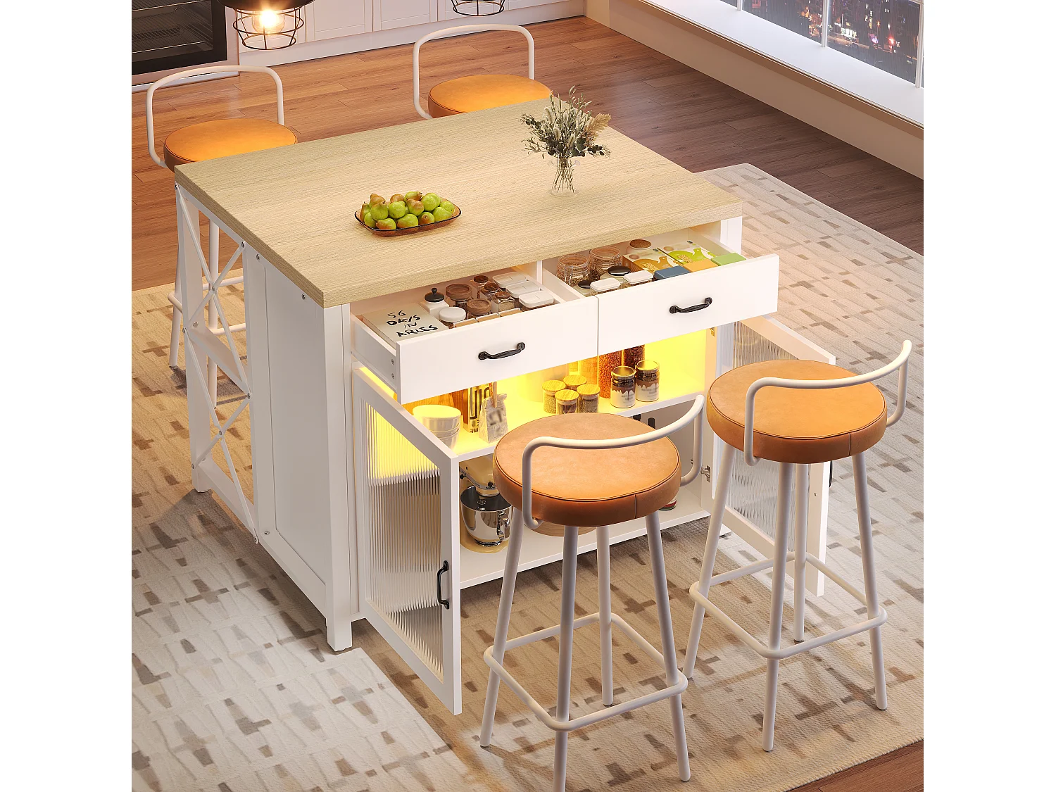 Wyspa kuchenna z drzwiami szklanymi, 2 szufladami, 2 drzwiami i LED - MDF, szkło - 100 x 80 x 90 cm - Biały i drewno