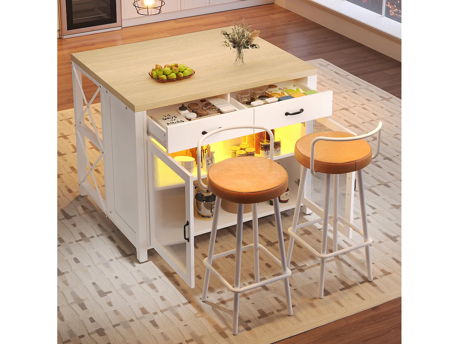 Wyspa kuchenna z drzwiami szklanymi, 2 szufladami, 2 drzwiami i LED - MDF, szkło - 100 x 80 x 90 cm - Biały i drewno