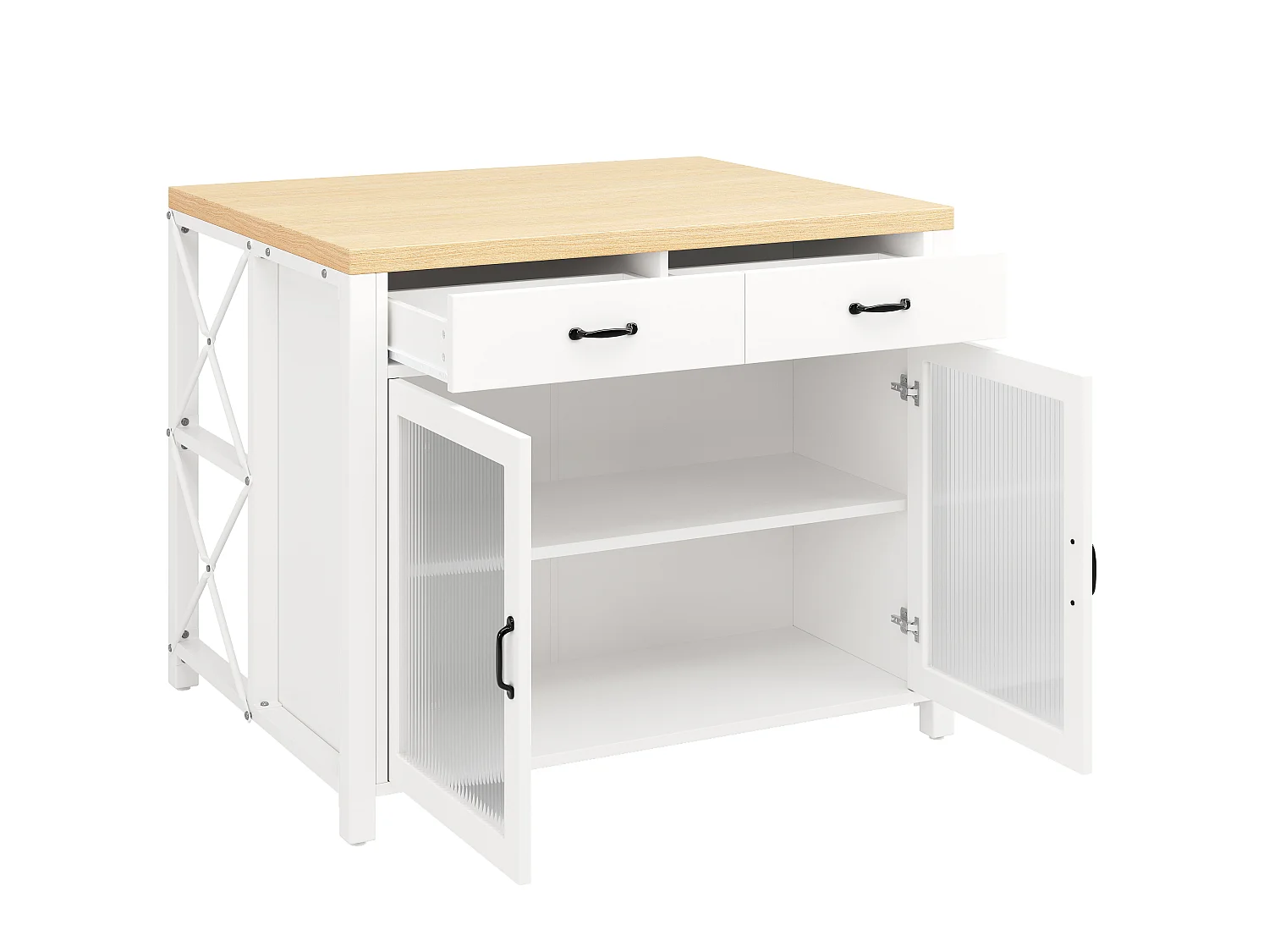Wyspa kuchenna z drzwiami szklanymi, 2 szufladami, 2 drzwiami i LED - MDF, szkło - 100 x 80 x 90 cm - Biały i drewno
