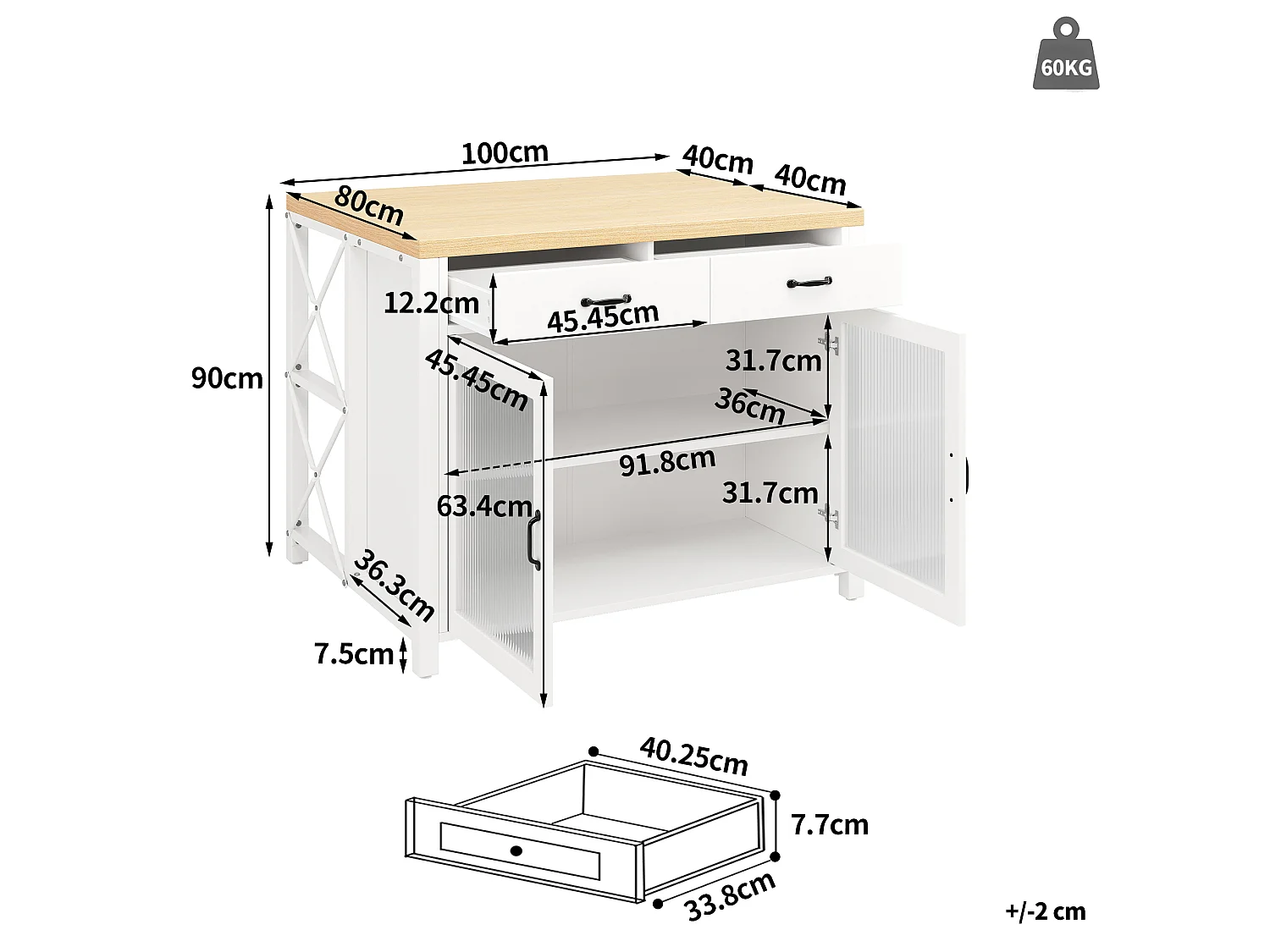 Wyspa kuchenna z drzwiami szklanymi, 2 szufladami, 2 drzwiami i LED - MDF, szkło - 100 x 80 x 90 cm - Biały i drewno