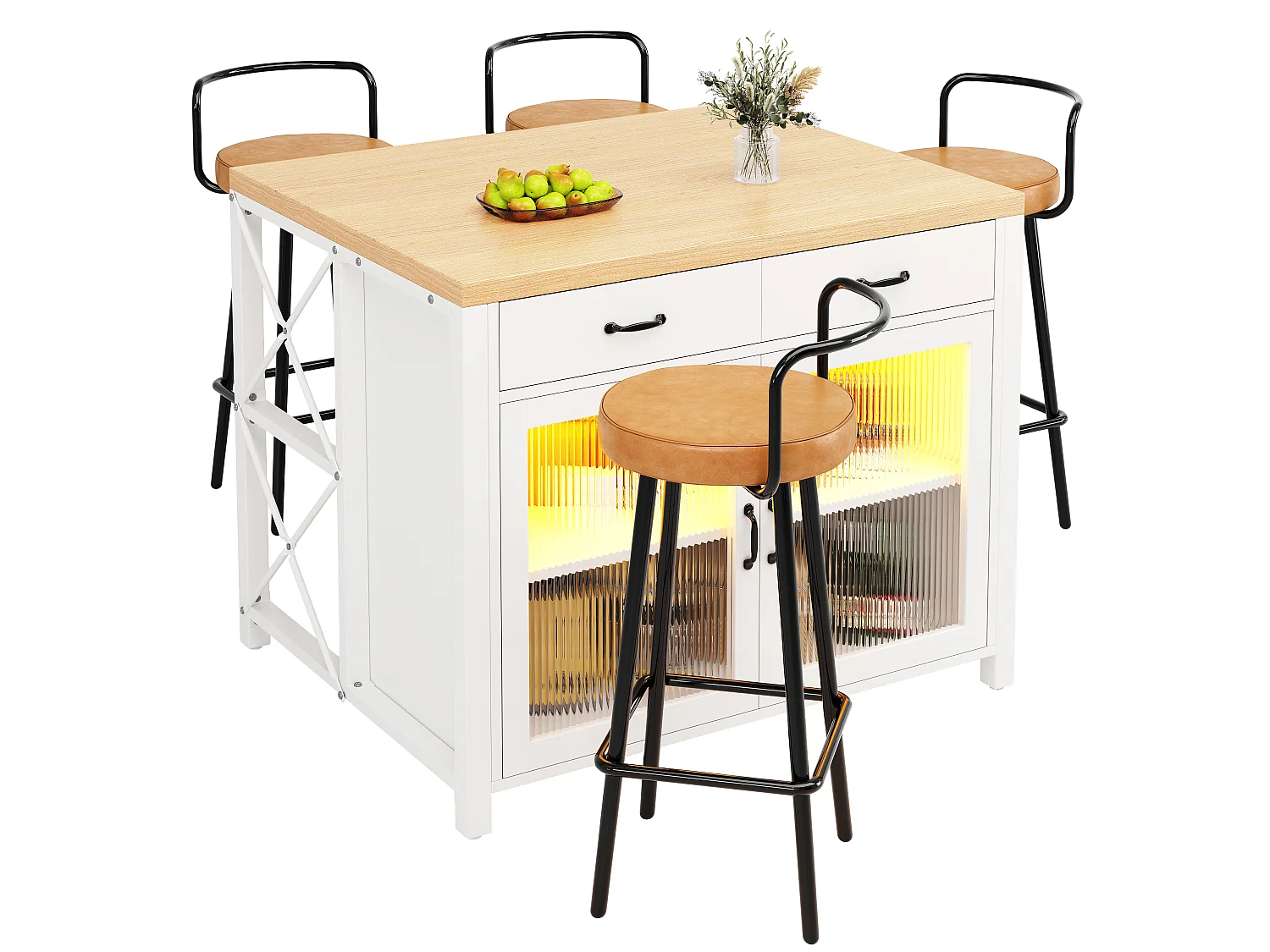 Wyspa kuchenna z drzwiami szklanymi, 2 szufladami, 2 drzwiami i LED - MDF, szkło - 100 x 80 x 90 cm - Biały i drewno