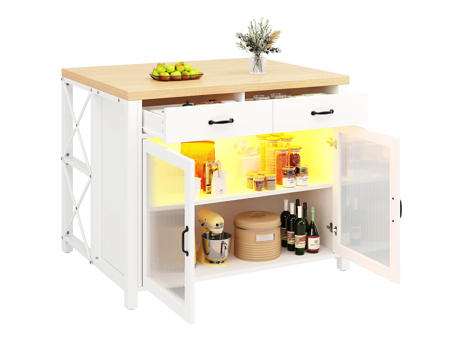 Wyspa kuchenna z drzwiami szklanymi, 2 szufladami, 2 drzwiami i LED - MDF, szkło - 100 x 80 x 90 cm - Biały i drewno