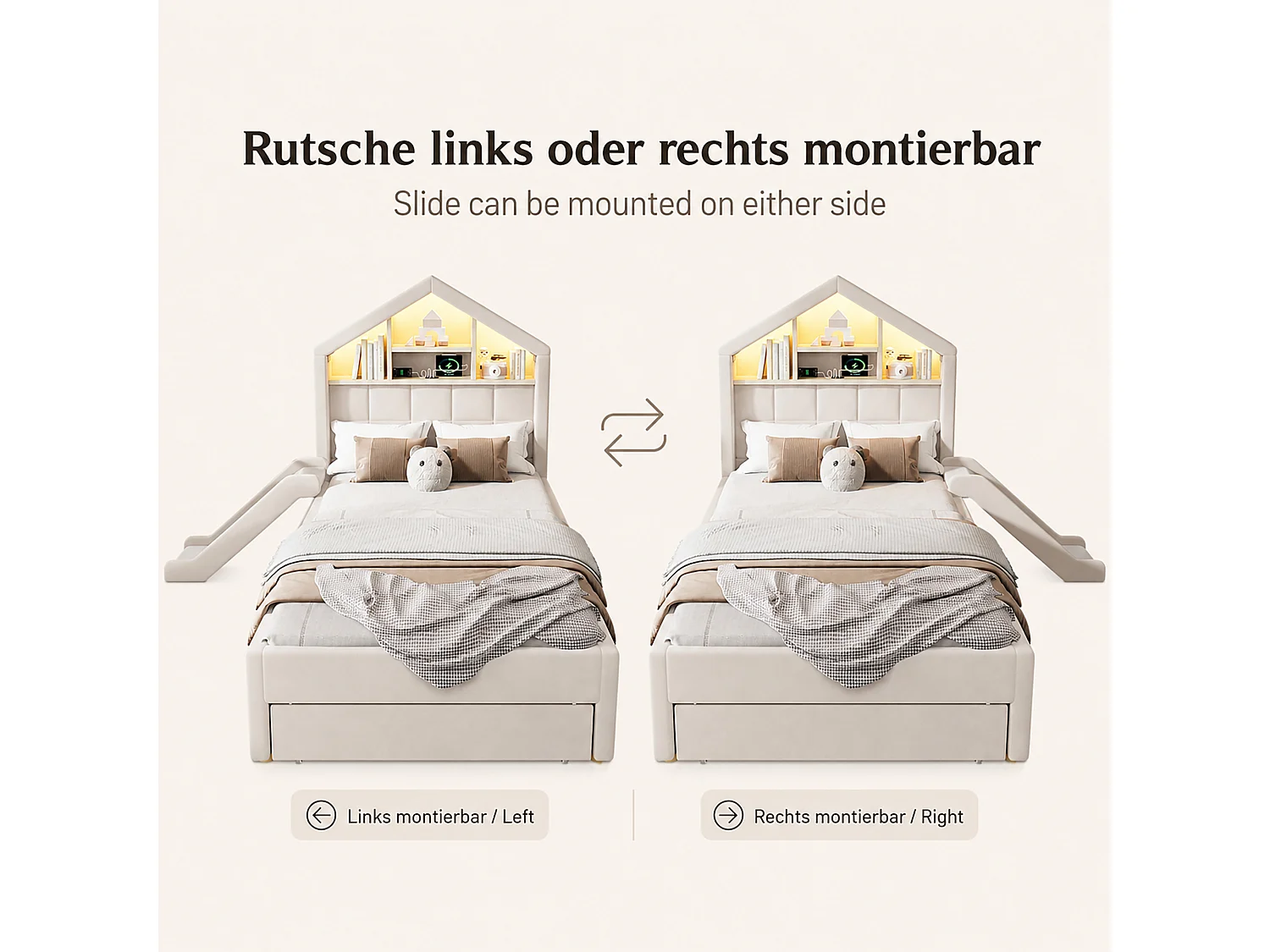 Lit capitonné enfant 90 x 200 cm avec toboggan réversible, 1 tiroir et LED - Velours - Beige (sans matelas)