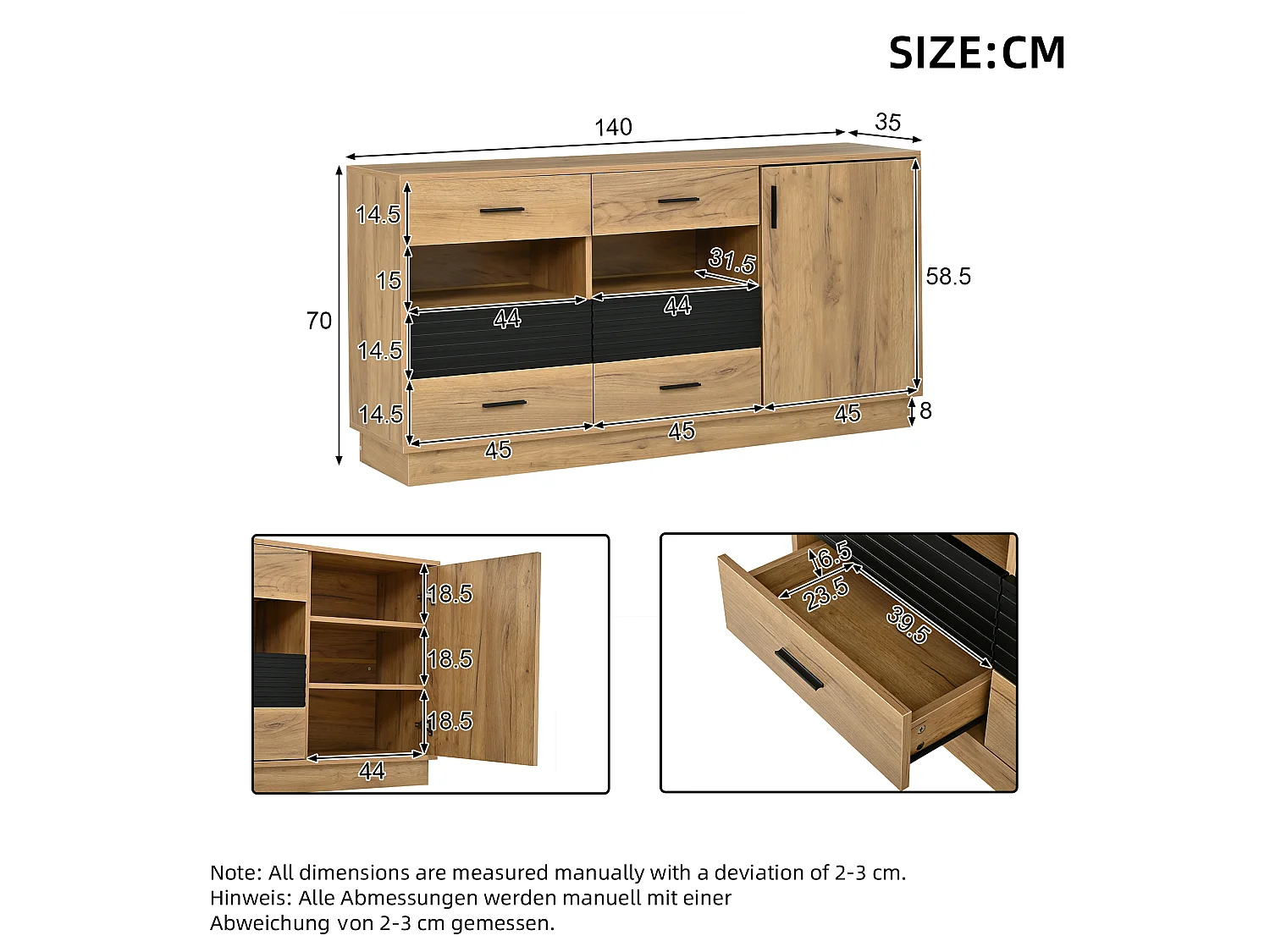 Buffet avec 6 tiroirs, 1 porte et 12 compartiments de rangement - MDF - 140 x 35 x 70 cm - Bois naturel et noir