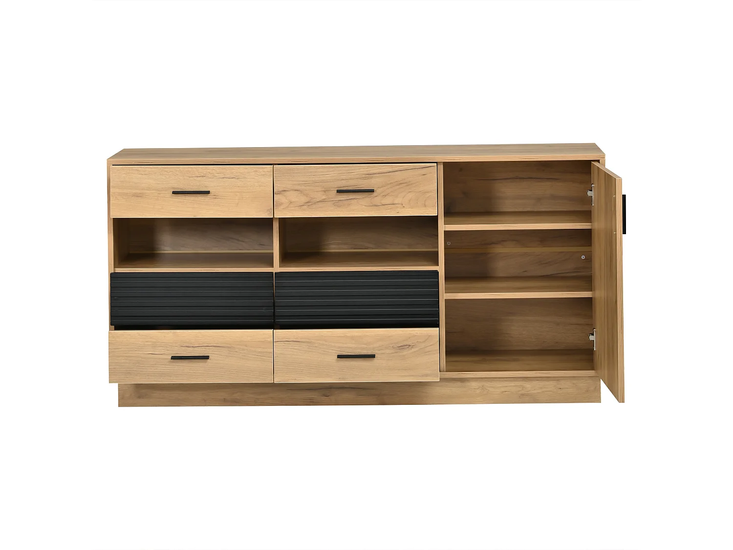 Buffet avec 6 tiroirs, 1 porte et 12 compartiments de rangement - MDF - 140 x 35 x 70 cm - Bois naturel et noir