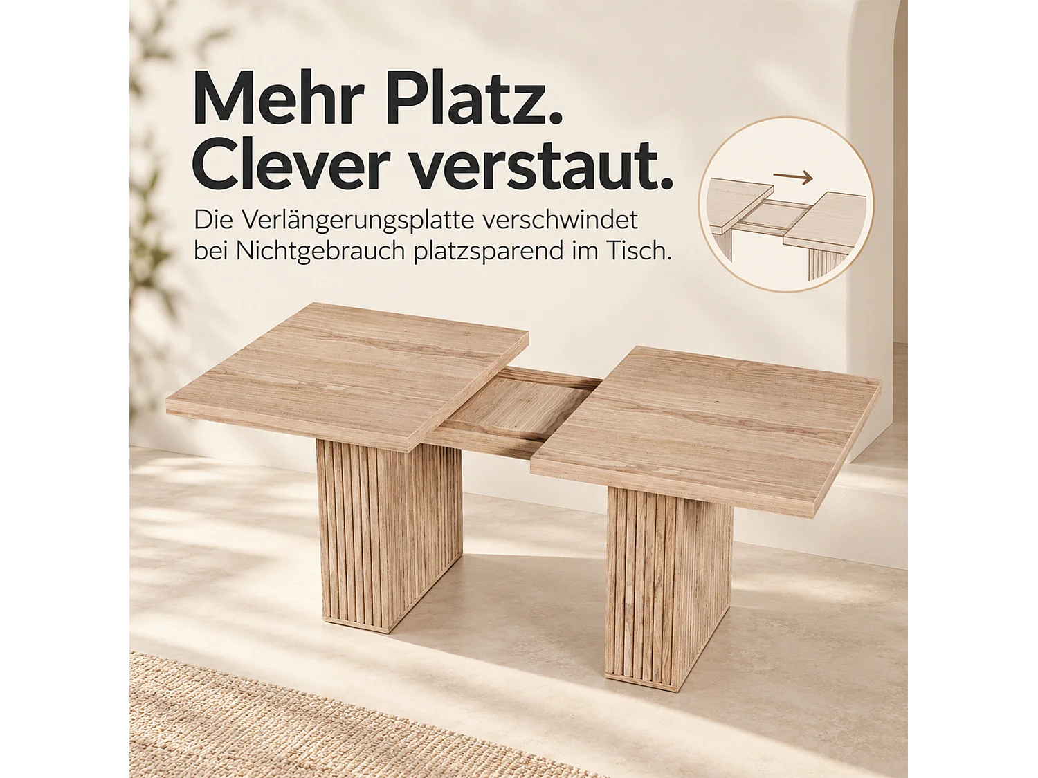 Utdragbart matbord 150/190 x 90 x 75 cm med integrerad förvaring - MDF - Ek