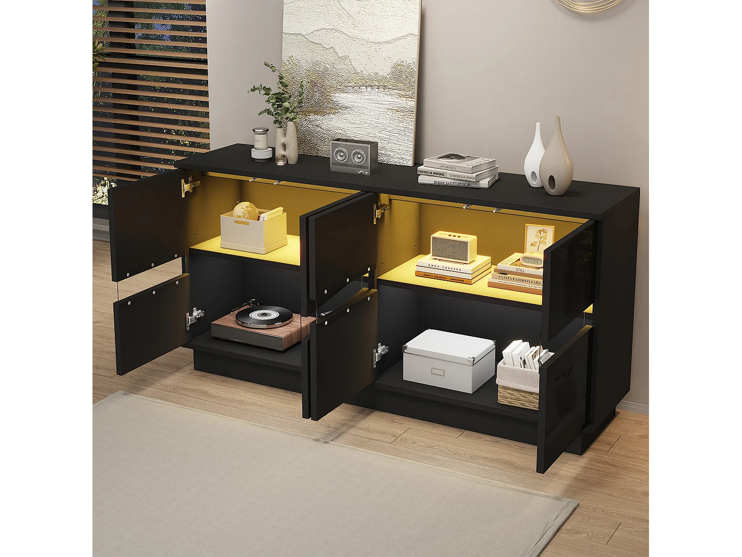 Buffet avec LED RGB, 4 portes à façade ondulée et étagères réglables - 140 x 35 x 70 cm - Noir