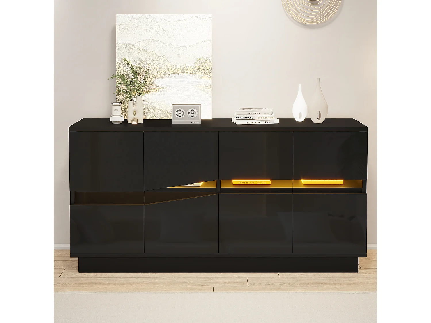 Buffet avec LED RGB, 4 portes à façade ondulée et étagères réglables - 140 x 35 x 70 cm - Noir