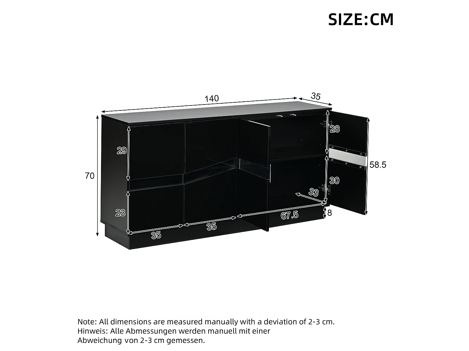 Buffet avec LED RGB, 4 portes à façade ondulée et étagères réglables - 140 x 35 x 70 cm - Noir