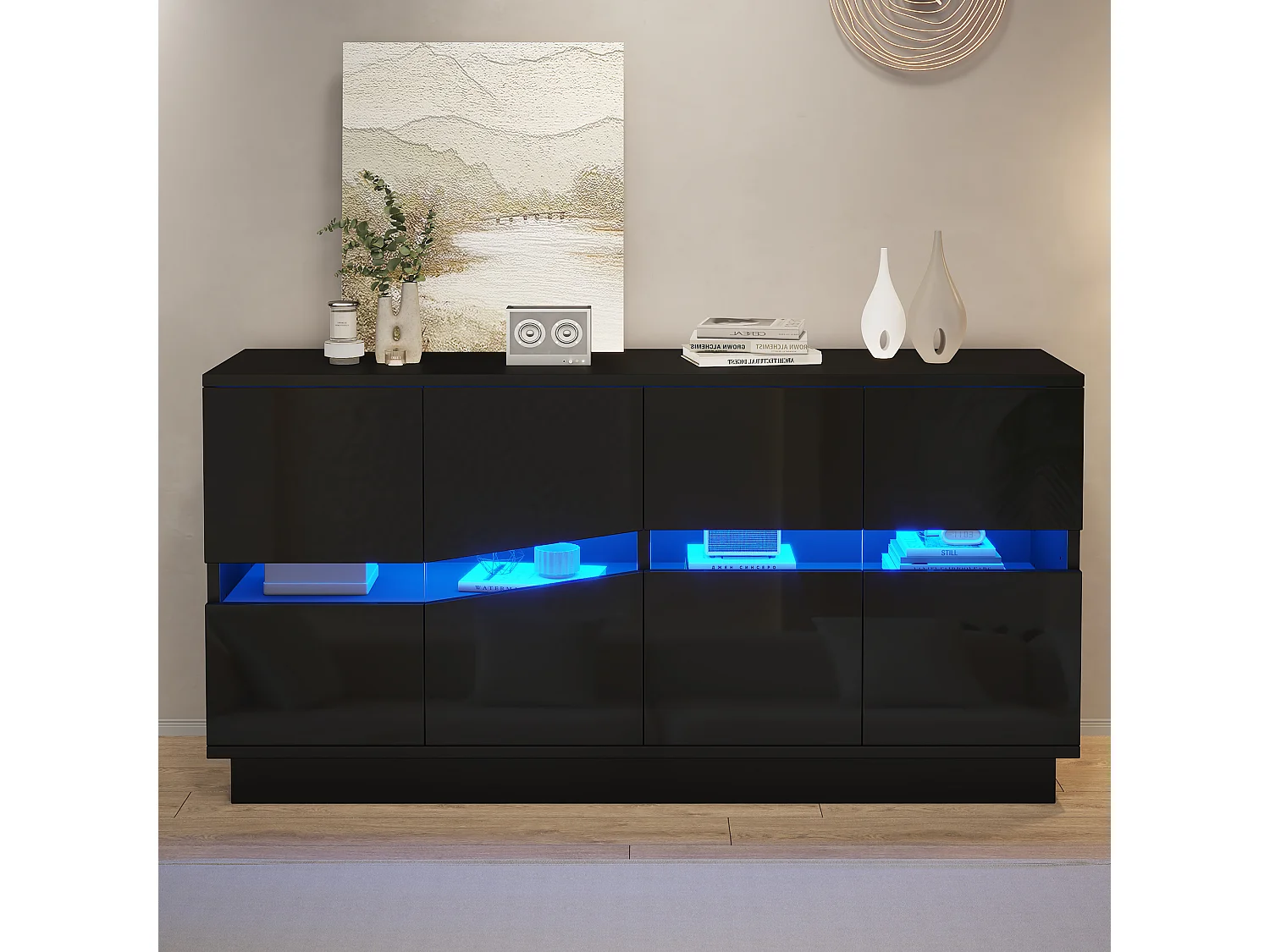 Buffet avec LED RGB, 4 portes à façade ondulée et étagères réglables - 140 x 35 x 70 cm - Noir
