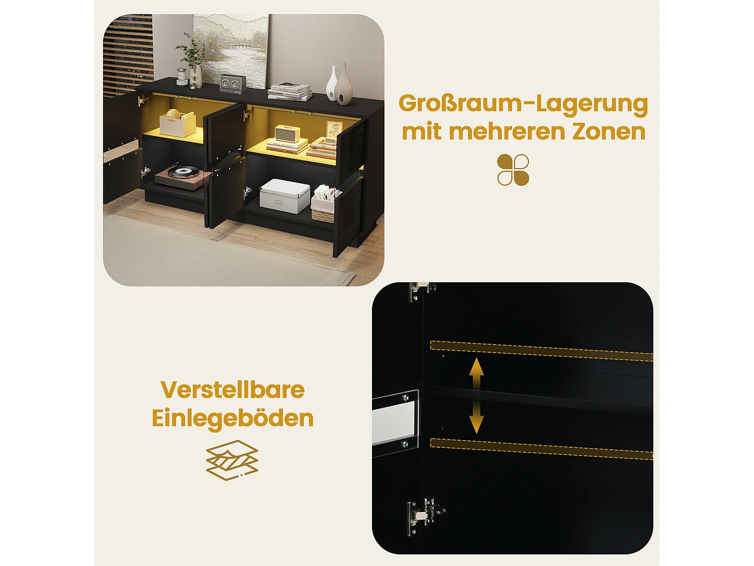 Buffet avec LED RGB, 4 portes à façade ondulée et étagères réglables - 140 x 35 x 70 cm - Noir