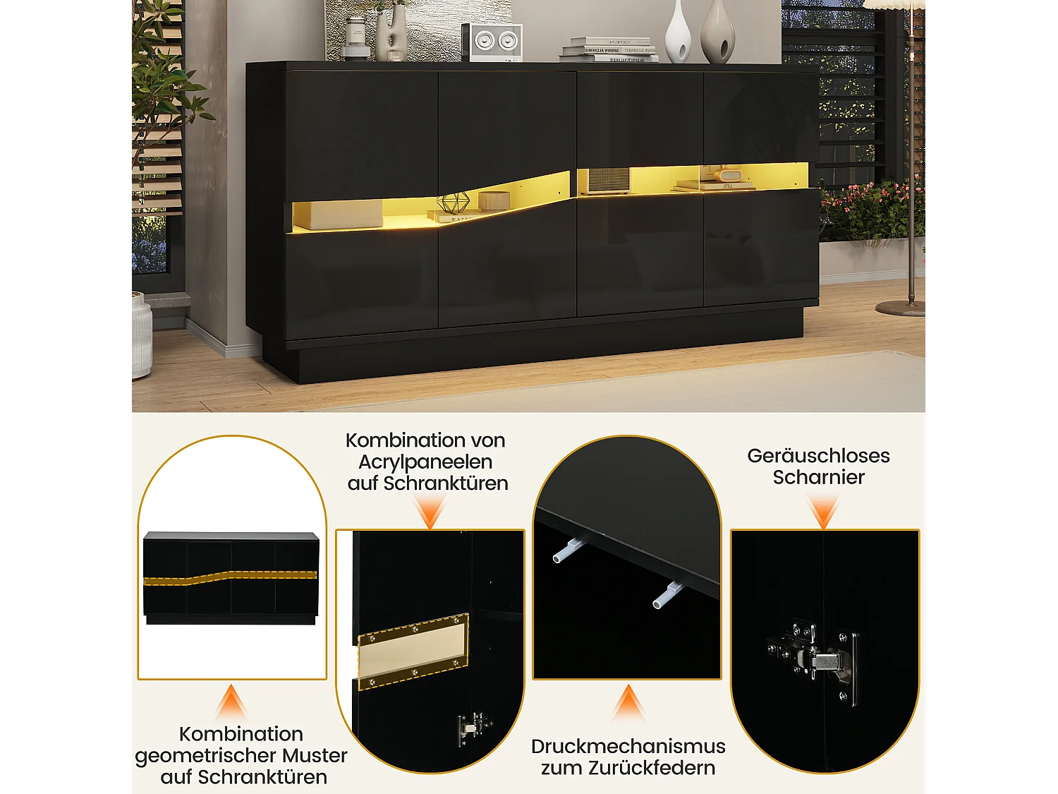 Buffet avec LED RGB, 4 portes à façade ondulée et étagères réglables - 140 x 35 x 70 cm - Noir