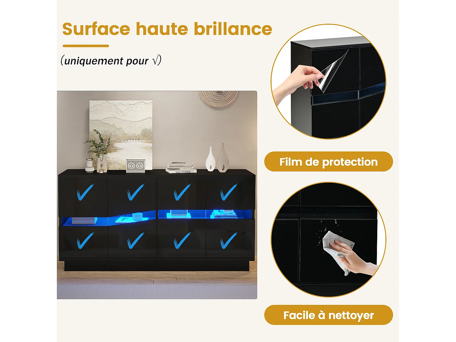 Buffet avec LED RGB, 4 portes à façade ondulée et étagères réglables - 140 x 35 x 70 cm - Noir