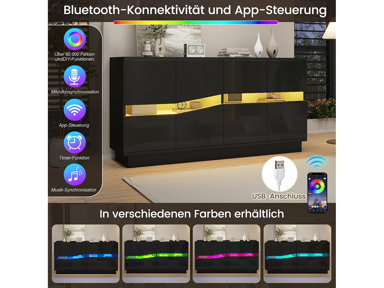 Buffet avec LED RGB, 4 portes à façade ondulée et étagères réglables - 140 x 35 x 70 cm - Noir