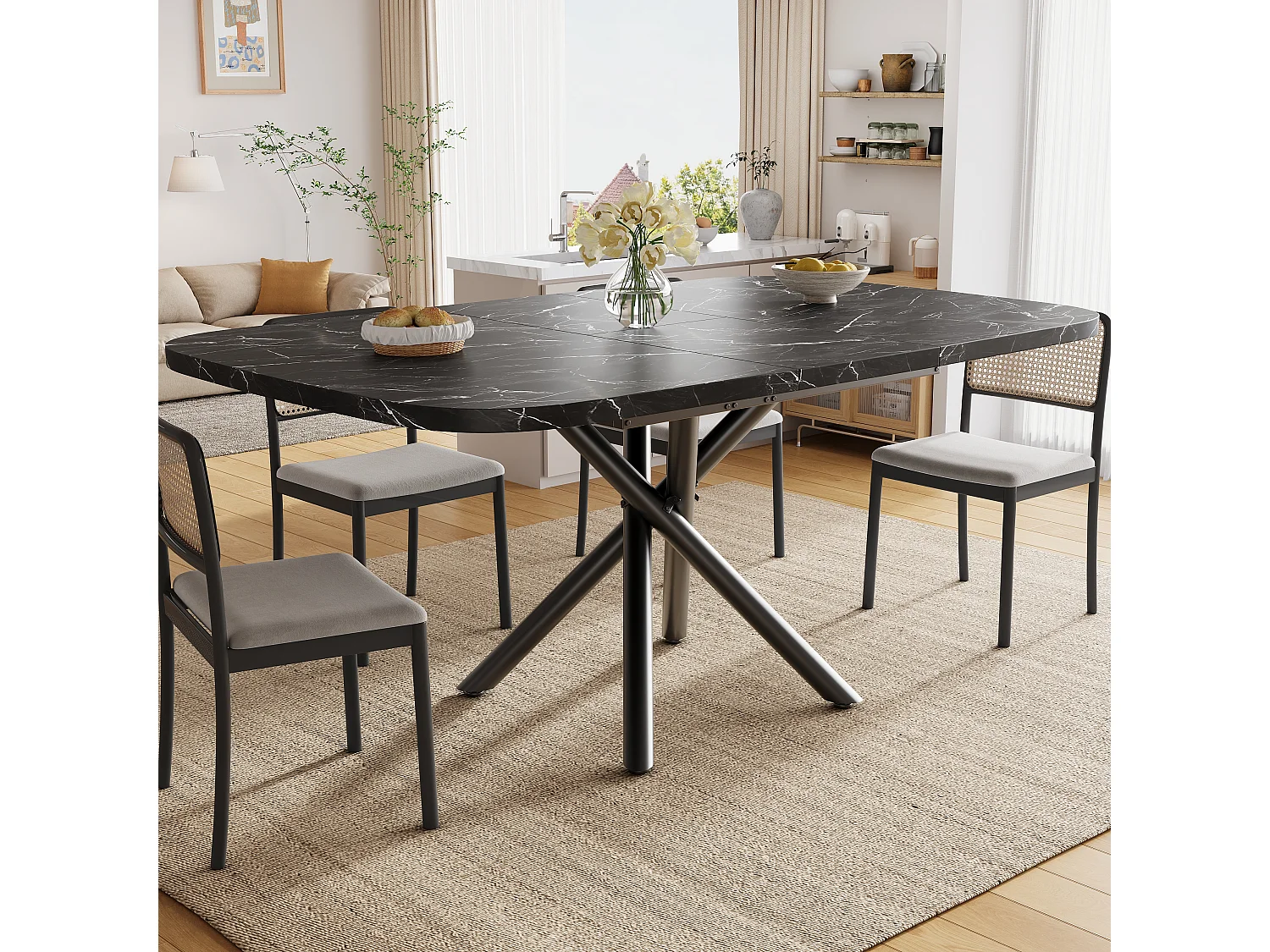 Table à manger extensible 115/155/195 x 115 x 75 cm avec piètement en X et pieds réglables - MDF et métal - Noir