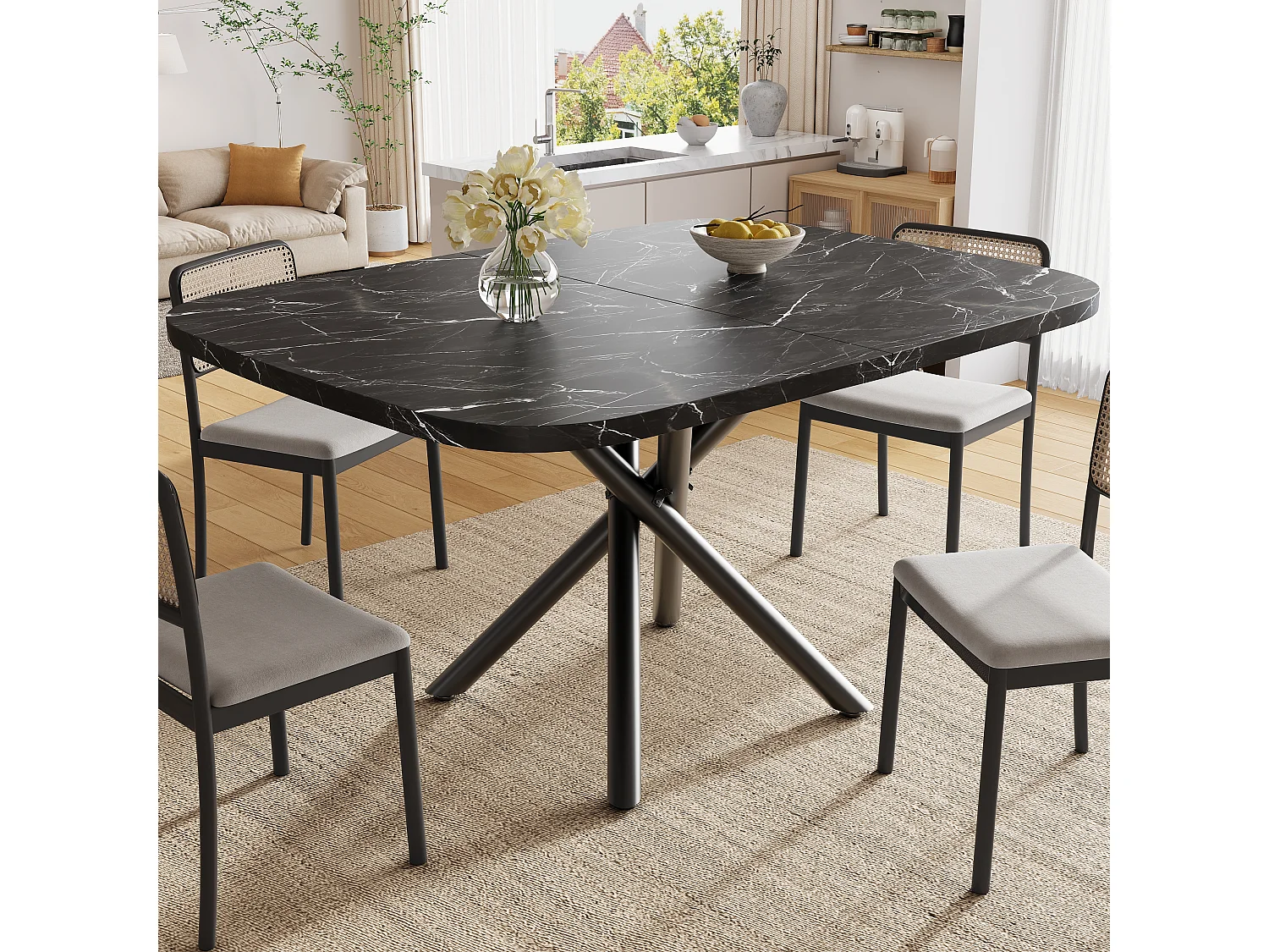 Table à manger extensible 115/155/195 x 115 x 75 cm avec piètement en X et pieds réglables - MDF et métal - Noir