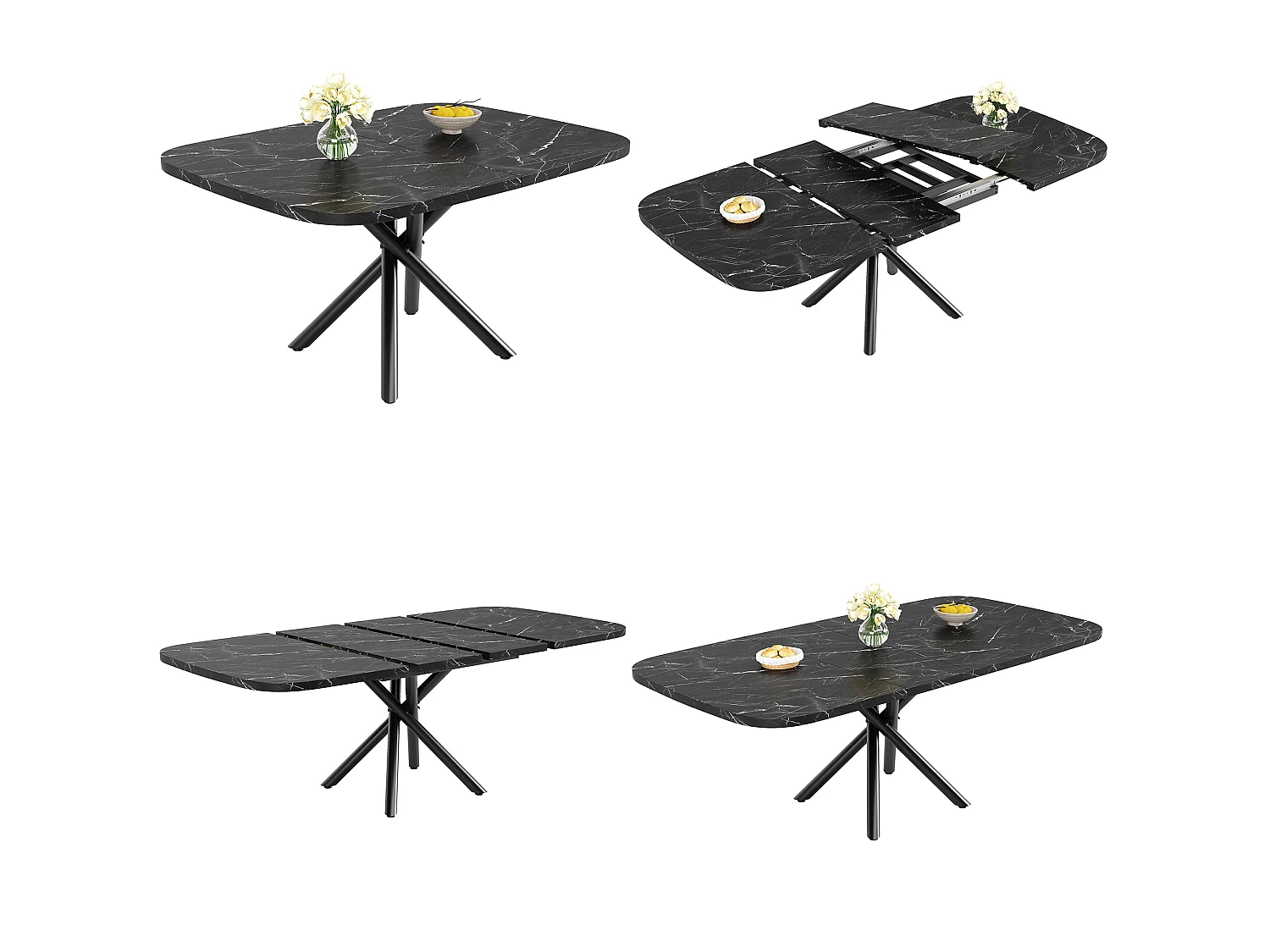 Table à manger extensible 115/155/195 x 115 x 75 cm avec piètement en X et pieds réglables - MDF et métal - Noir