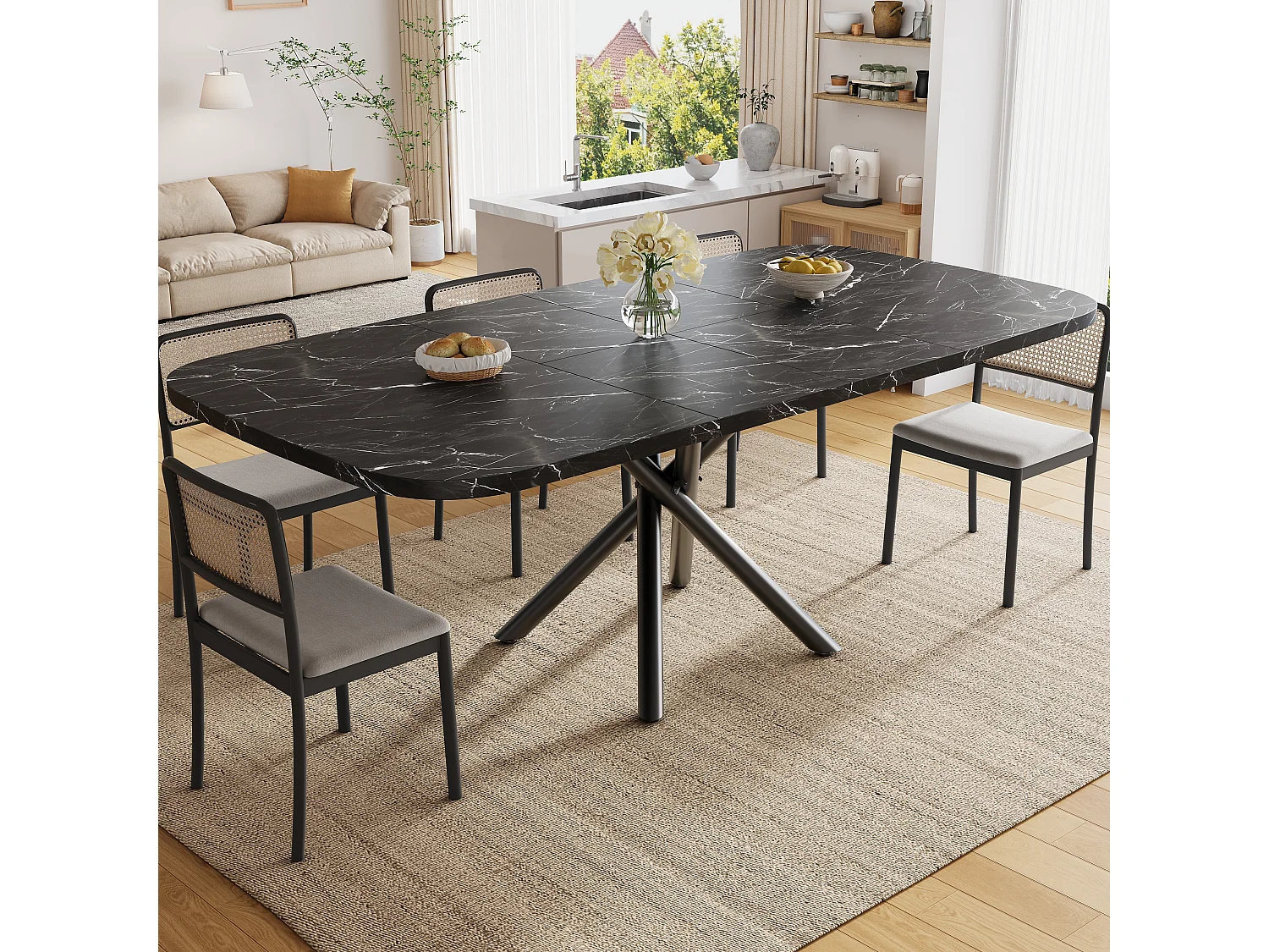 Table à manger extensible 115/155/195 x 115 x 75 cm avec piètement en X et pieds réglables - MDF et métal - Noir