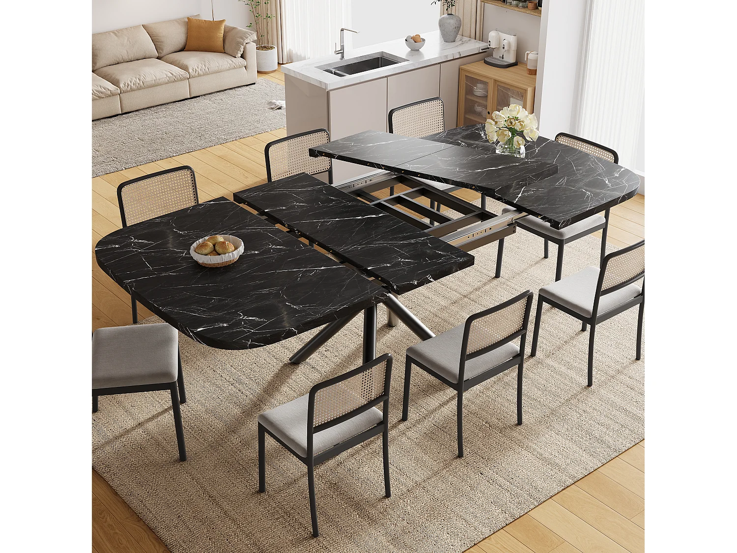 Table à manger extensible 115/155/195 x 115 x 75 cm avec piètement en X et pieds réglables - MDF et métal - Noir