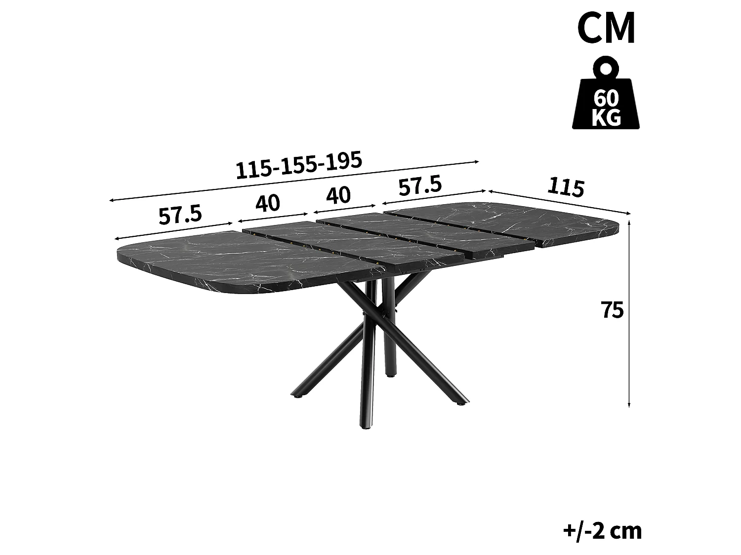 Table à manger extensible 115/155/195 x 115 x 75 cm avec piètement en X et pieds réglables - MDF et métal - Noir