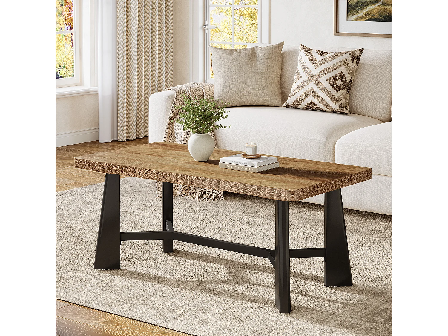 Soffbord för vardagsrum, 120 cm mittbord med svarta ben