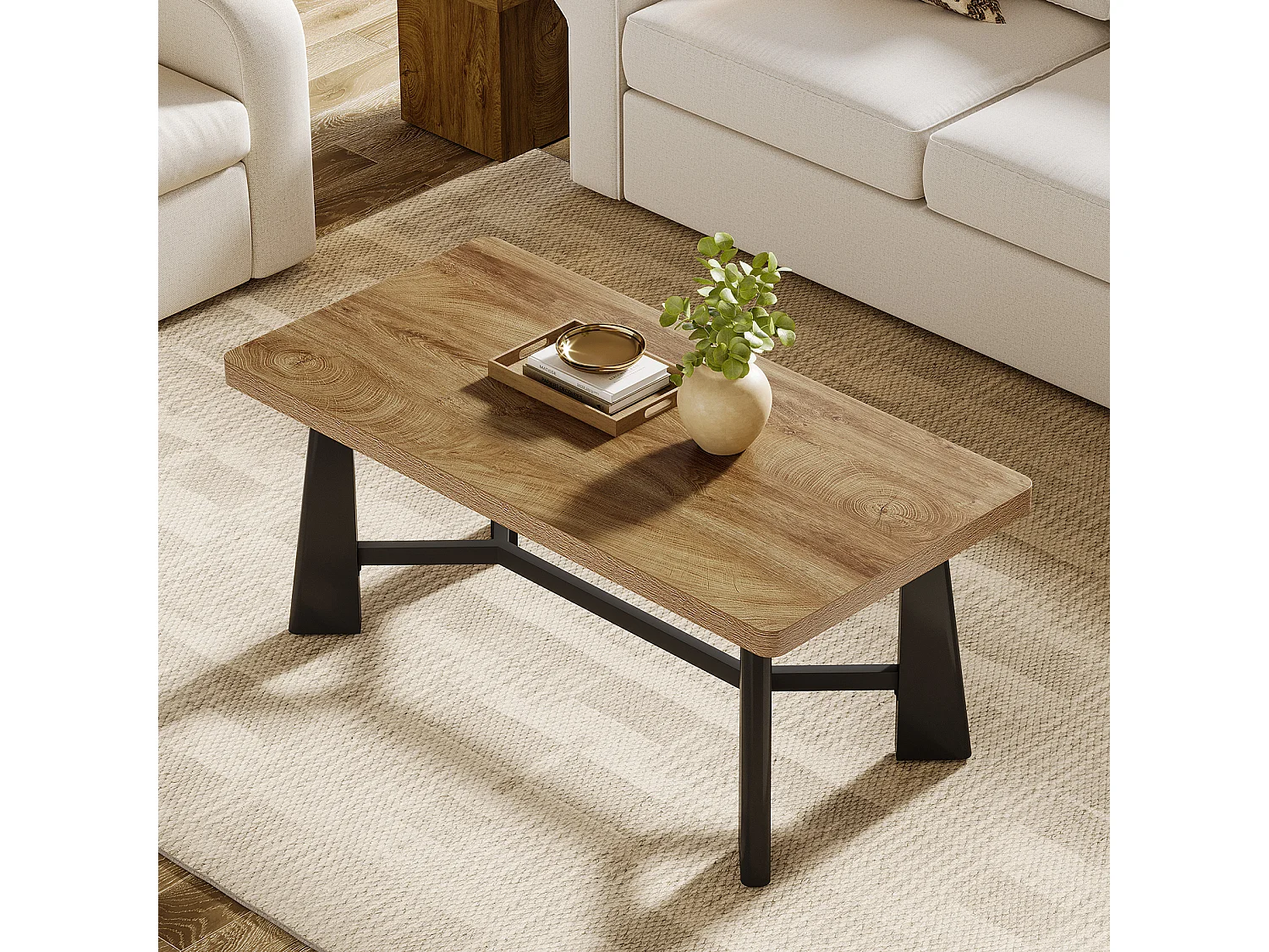 Soffbord för vardagsrum, 120 cm mittbord med svarta ben