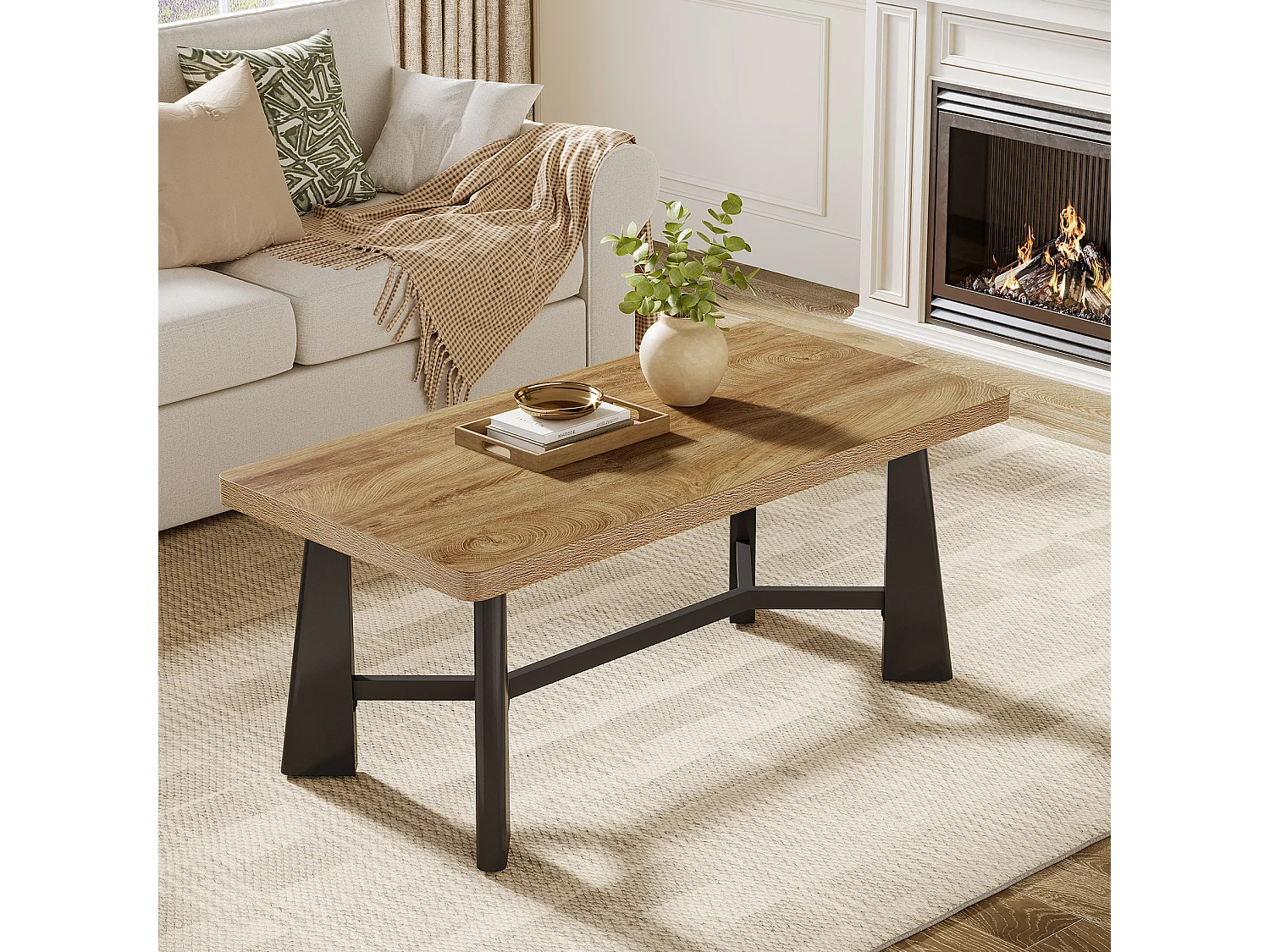 Soffbord för vardagsrum, 120 cm mittbord med svarta ben