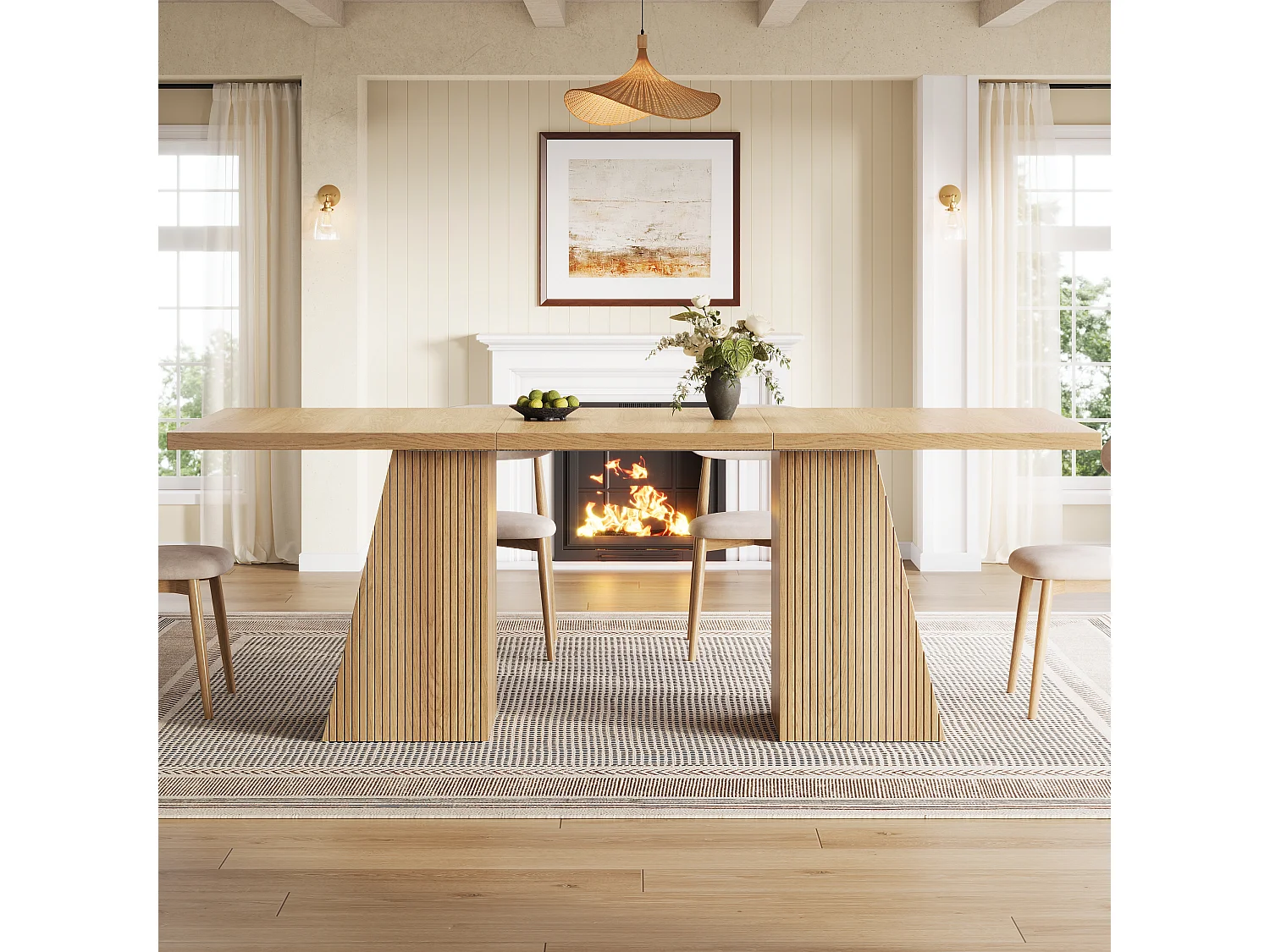Table à manger extensible 120/160 x 80 x 76 cm avec pieds trapézoïdaux rainurés - MDF et métal - Chêne clair