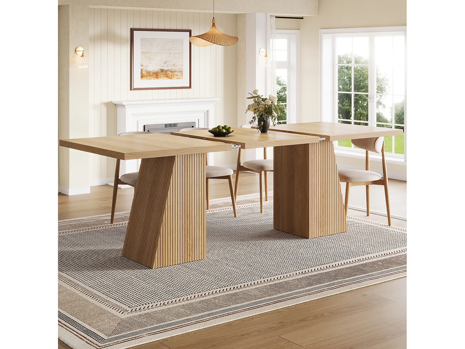 Table à manger extensible 120/160 x 80 x 76 cm avec pieds trapézoïdaux rainurés - MDF et métal - Chêne clair